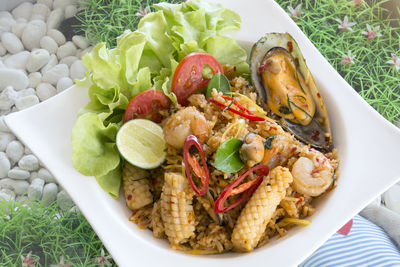 High angle view of seafood in plate on table