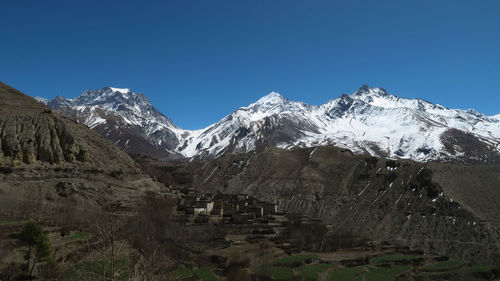 Scenic view of snowcapped mountains against clear sky