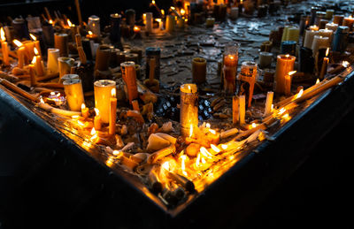 Close-up of illuminated candles in temple