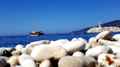 Sailboats in sea against clear blue sky