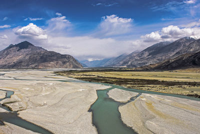 Scenic view of lake by mountains against sky