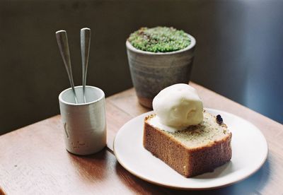 Close-up of cake served on table