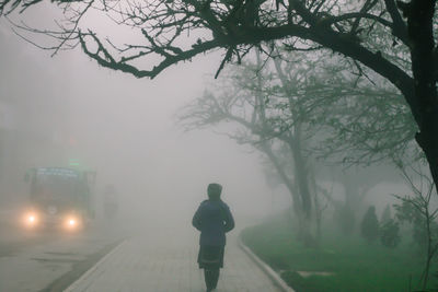 Man on road in foggy weather at night