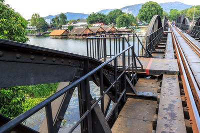 High angle view of bridge over railroad tracks