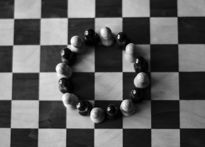 High angle view of chess pieces