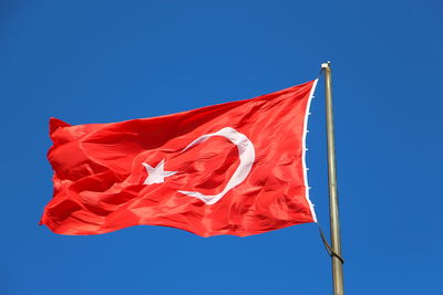 Low angle view of flag against clear blue sky