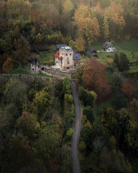 High angle view of trees and buildings in forest