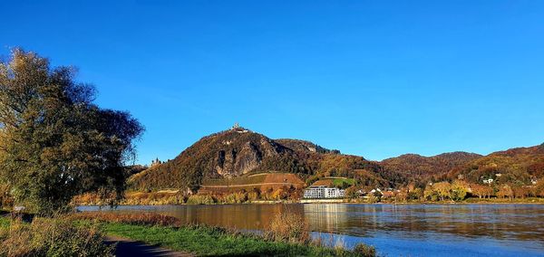 Scenic view of lake and mountains against clear blue sky