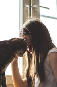 The cat pressed its forehead against the girl, soft selective focus