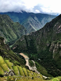 Scenic view of mountains against cloudy sky