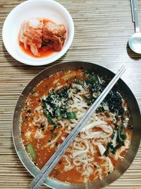 High angle view of kalguksu served on table