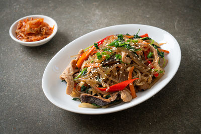 High angle view of food in plate on table