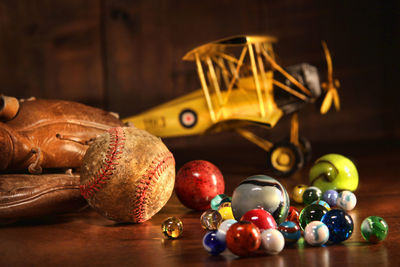 Close-up of christmas decorations on table