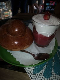 Close-up of dessert served on table