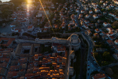 High angle view of illuminated cityscape