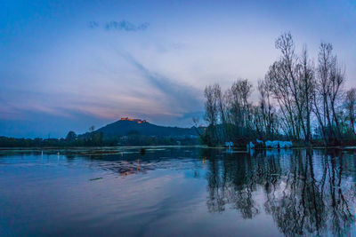 Scenic view of lake against sky at sunset