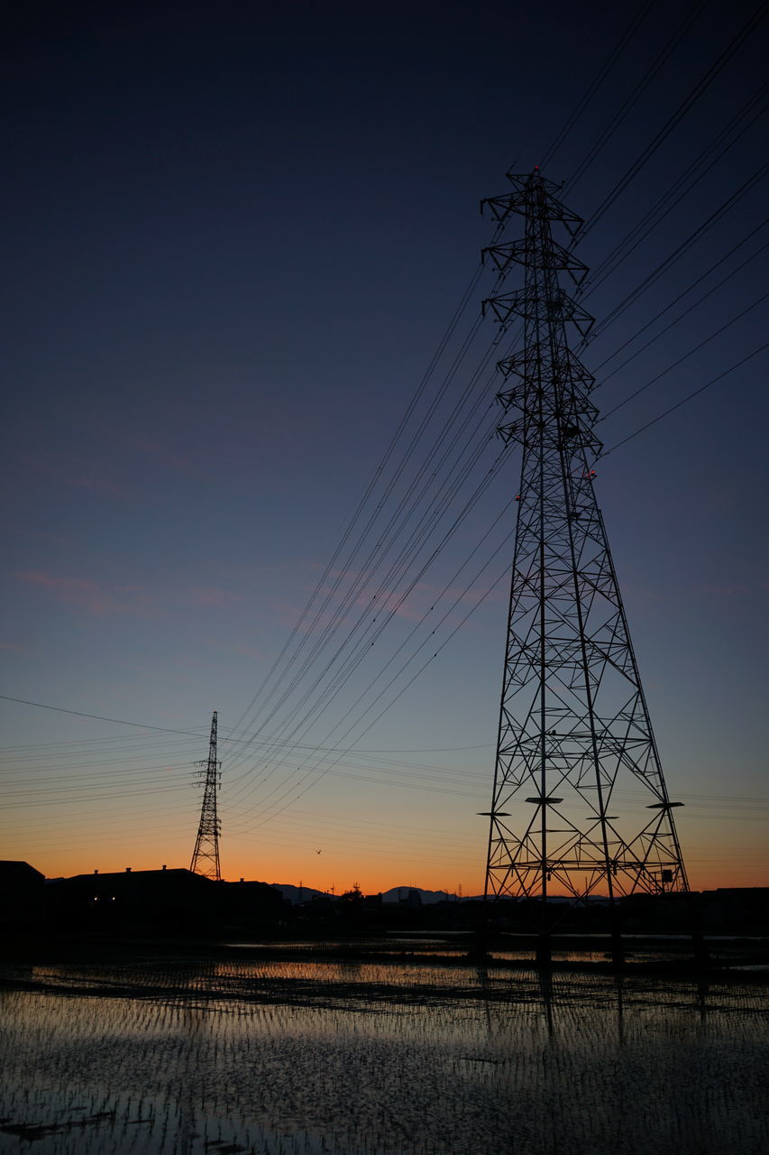 sunset, cable, connection, electricity pylon, electricity, no people, silhouette, fuel and power generation, sky, dusk, tranquility, nature, tranquil scene, power supply, outdoors, beauty in nature, landscape, technology, clear sky, scenics, water, day