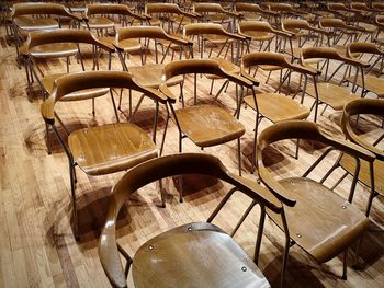 High angle view of empty chairs and table