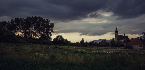 Trees on field against cloudy sky