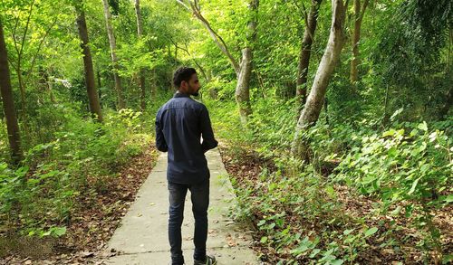 Young man standing on footpath amidst trees in forest