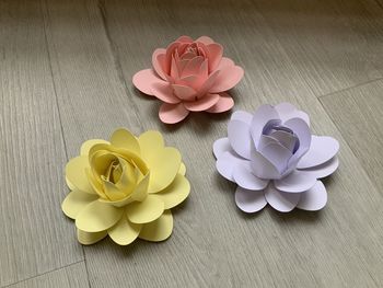 High angle view of paper flowers on table