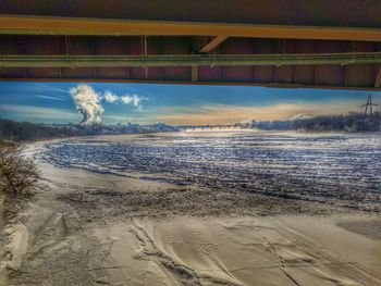 Scenic view of beach against sky during sunset