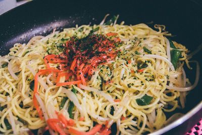 High angle view of noodles in pan