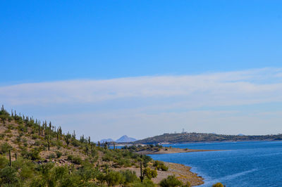 Scenic view of sea against blue sky