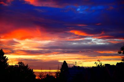 Silhouette trees and buildings against sky during sunset