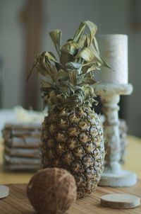Close-up of stack on table