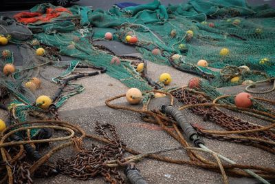 High angle view of fishing net on shore