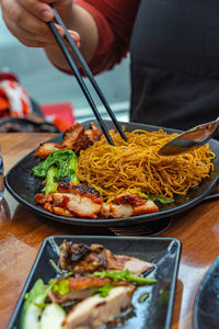 High angle view of food in plate on table