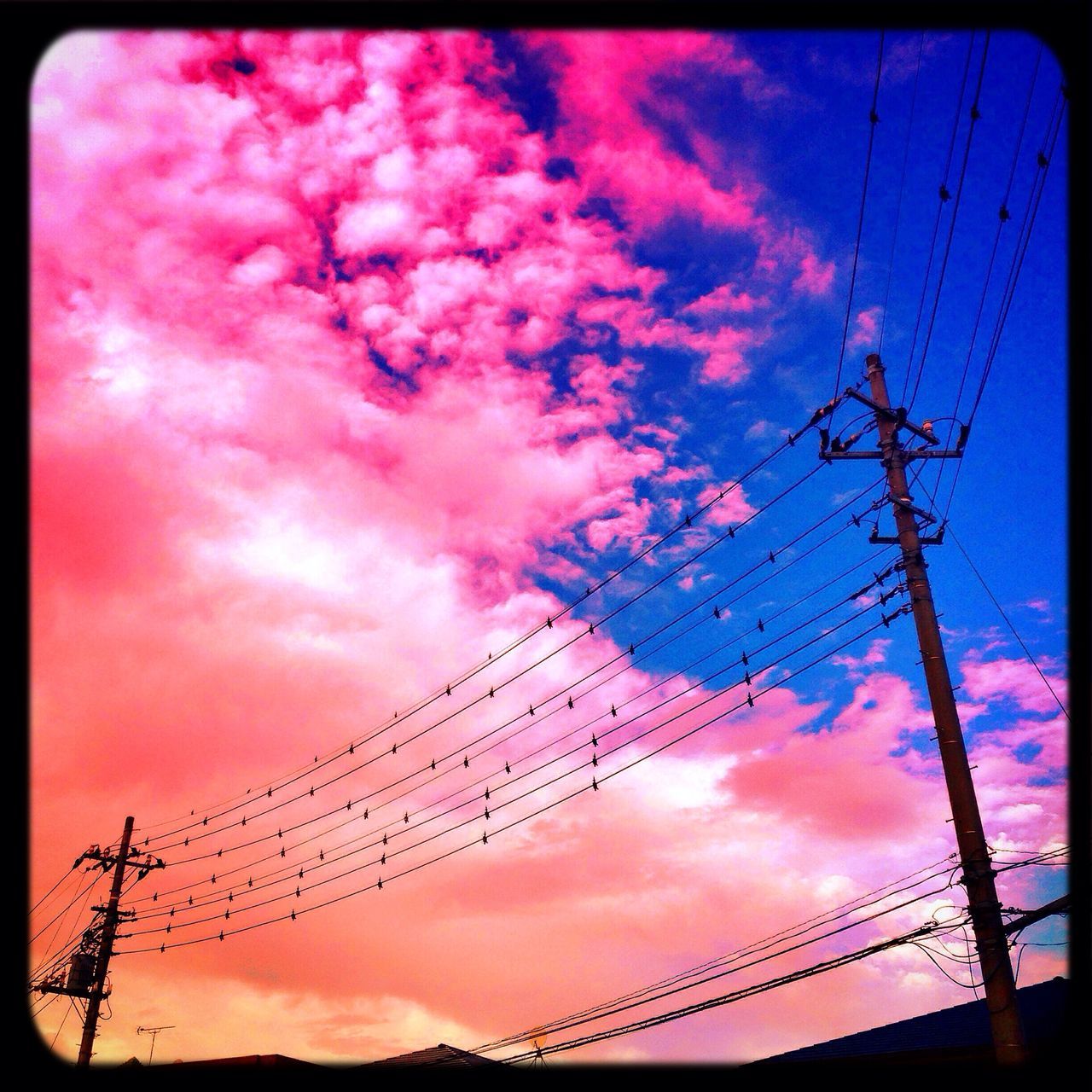 low angle view, silhouette, sunset, sky, power line, electricity pylon, power supply, fuel and power generation, connection, electricity, transfer print, technology, cloud - sky, auto post production filter, cloud, orange color, cable, cloudy, nature, power cable