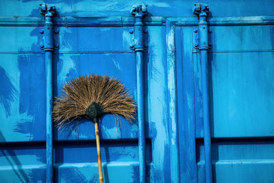 Close-up of blue window on wall