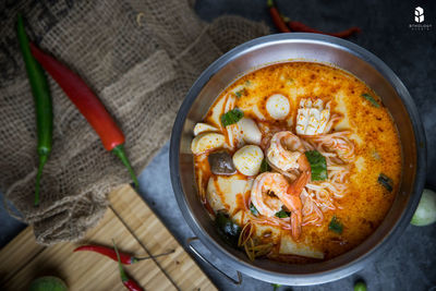 High angle view of soup in bowl on table