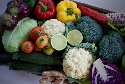 High angle view of fruits at market stall