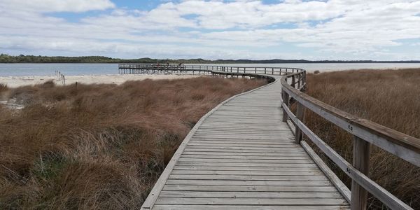 Boardwalk leading towards shore against sky