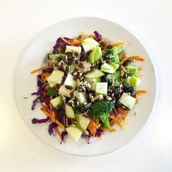 High angle view of chopped vegetables in plate