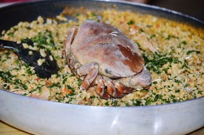 Close-up of fresh crab and rice served in plate