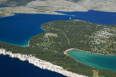 Aerial view of telascica nature park with the cliffs, large bay and salt island mir