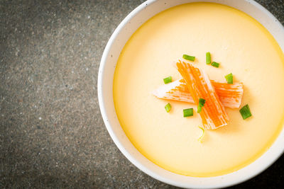 High angle view of soup in bowl