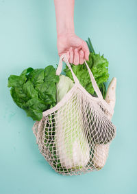 Cropped hand of person holding vegetable basket against blue background