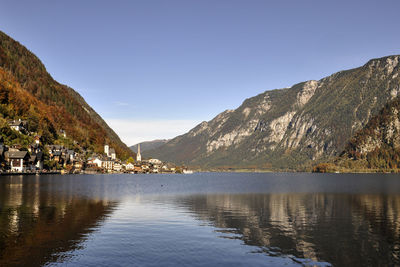 Scenic view of lake and mountains against clear sky