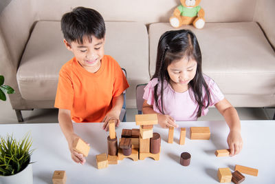 Portrait of siblings playing with toy blocks at home