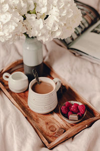 High angle view of breakfast served on table