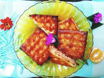 High angle view of dessert in plate on table