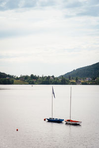 Sailboats in sea against sky