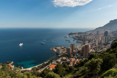 High angle view of sea and cityscape against sky