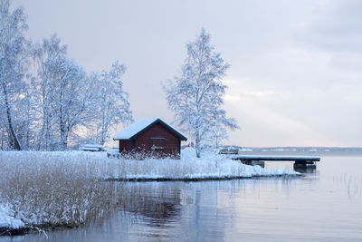 Scenic view of lake against sky during winter