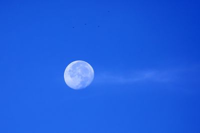 Low angle view of moon against blue sky